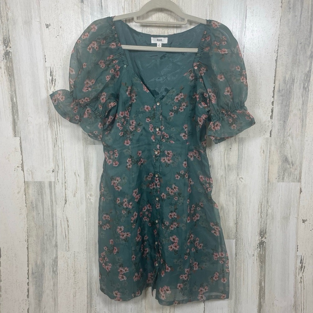 RAHI Anthropologie Tealā Floral Mini Dress Size M Sheer Puff Sleeve Button Front